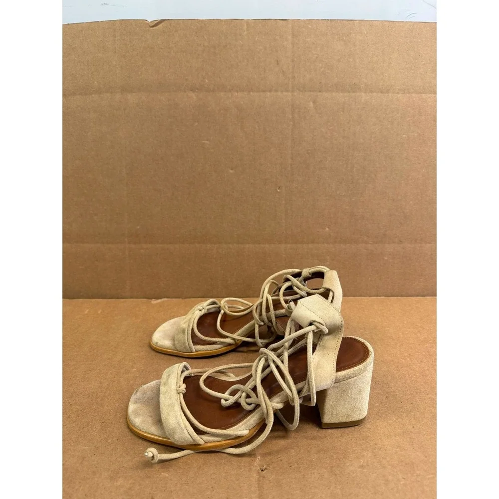 Alohas Sophie Suede Leather Block Heel Strappy Sandals Beige Womens Size 36 EU